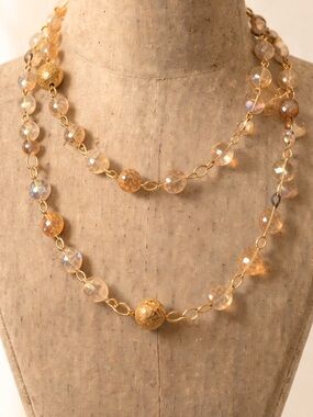 Gold Faceted Double Strand Necklace with Gold Tone Chain Links Amber Color Vtg